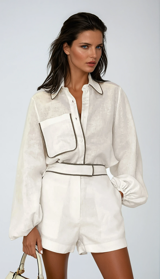 Contrast Trim Cotton Linen Shorts Set