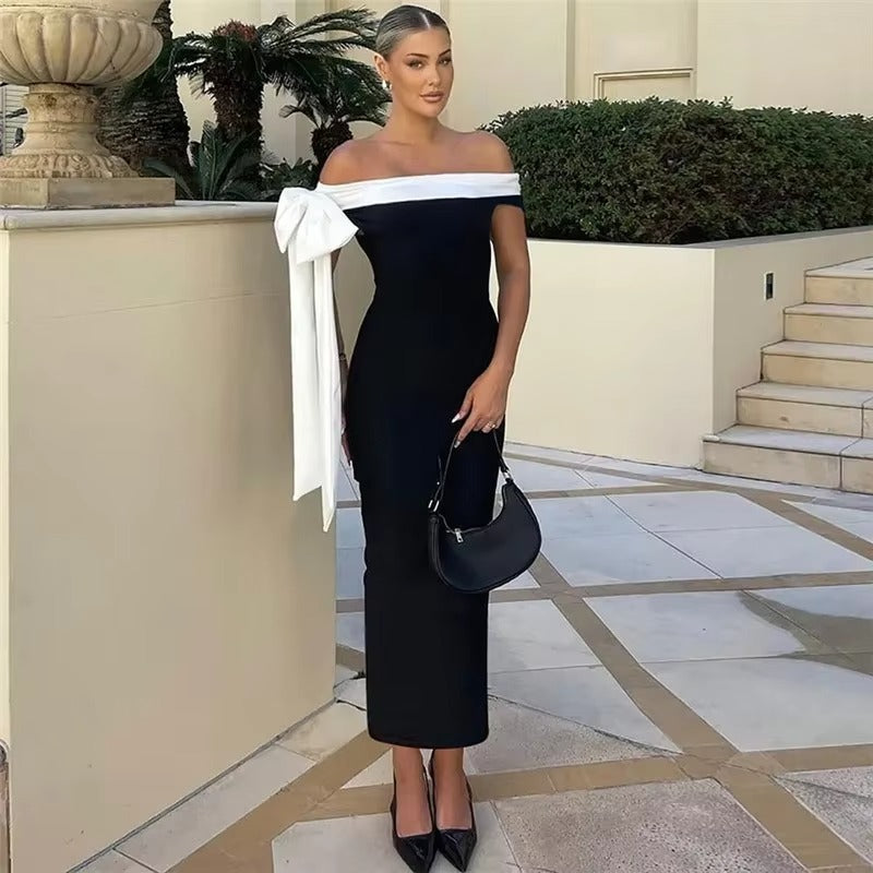 Valentina Elegant Off Shoulder Evening Gown Midi Dress